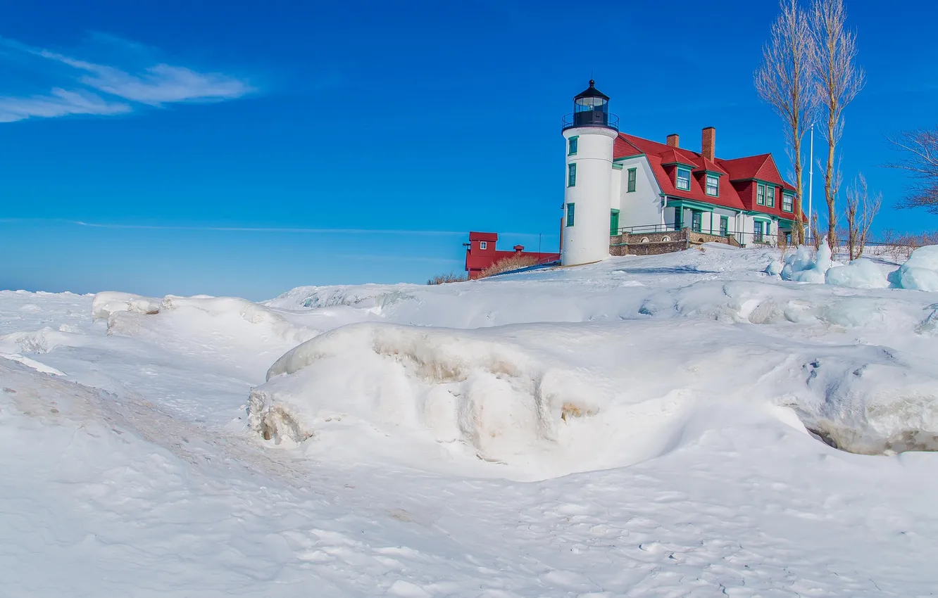 Фото обои зима, небо, снег, дом, маяк