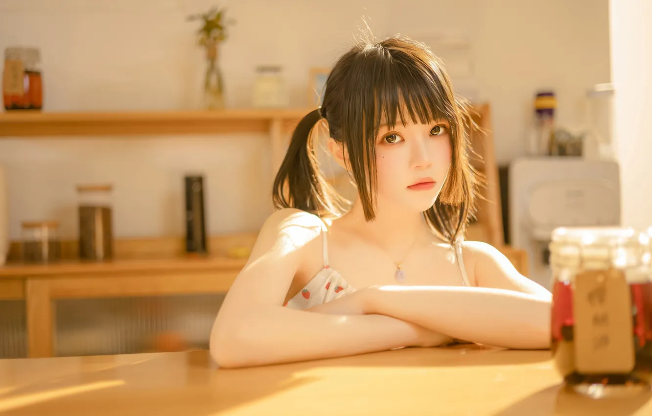 Фото обои Beautiful, Asian, Model, Table, Woman, Cute, Pretty, Petite
