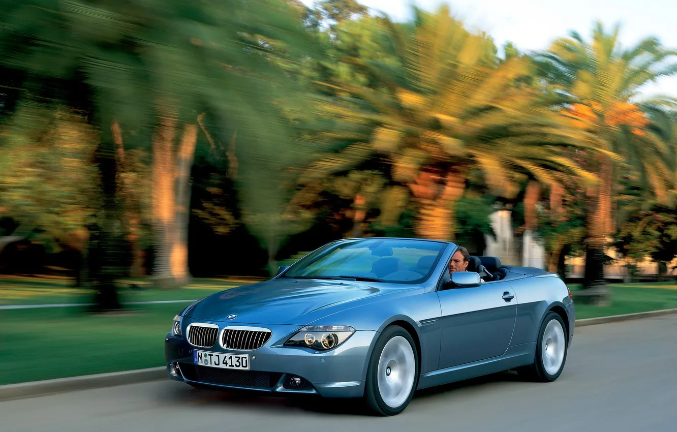 Фото обои дорога, пальмы, голубой, бмв, скорость, BMW, шоссе, кабриолет