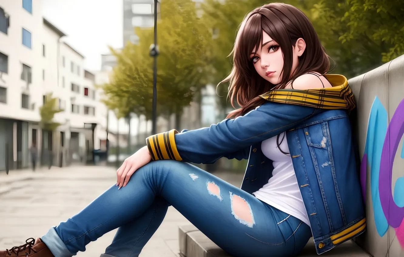 Фото обои девушка, graffiti, trees, jeans, brunette, urban, sitting, torn jeans