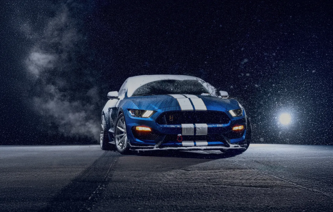 Фото обои lights, Ford Mustang, blue, night, muscle car, snow