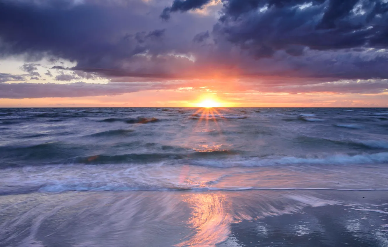 Фото обои море, солнце, облака, закат, горизонт, Нидерланды, Гуре-Оверфлакке