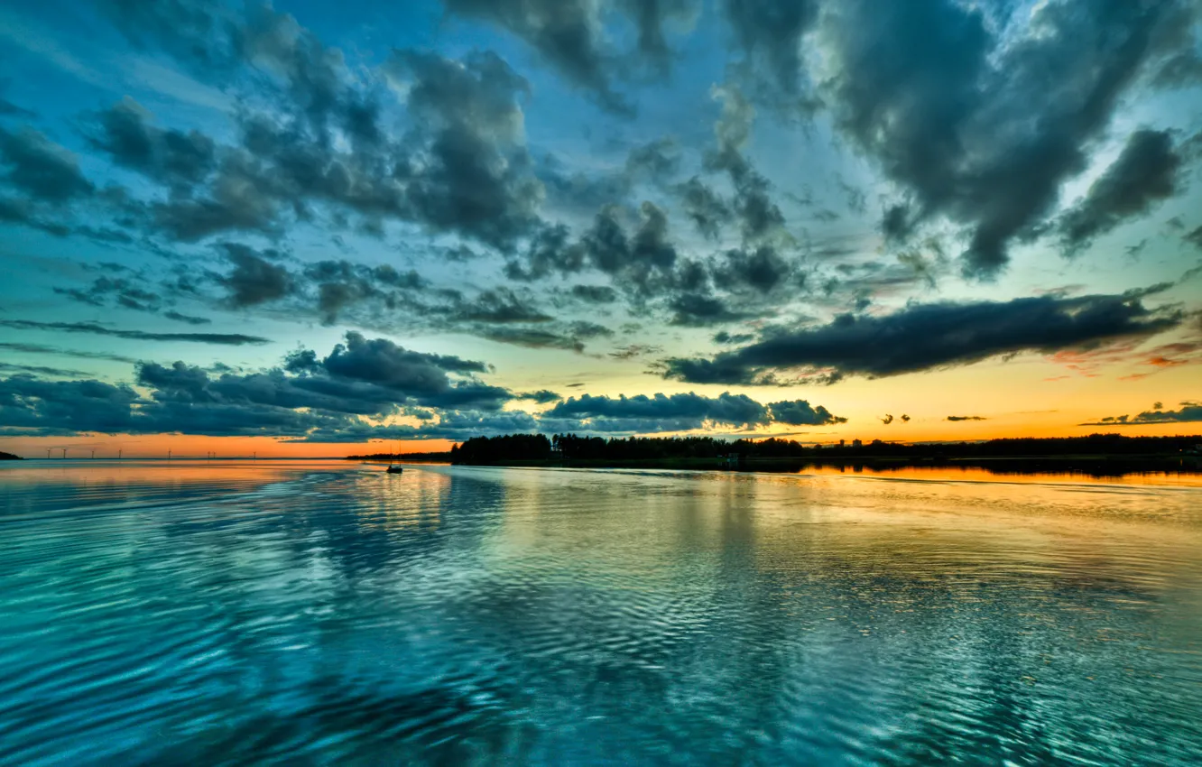 Фото обои небо, облака, закат, лодка, залив