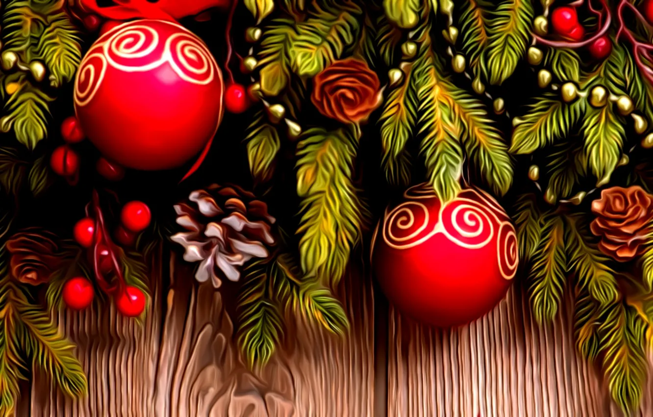 Фото обои рендеринг, праздник, рисунок, Новый Год, бусы, елочные украшения, еловая ветка, красные шарики