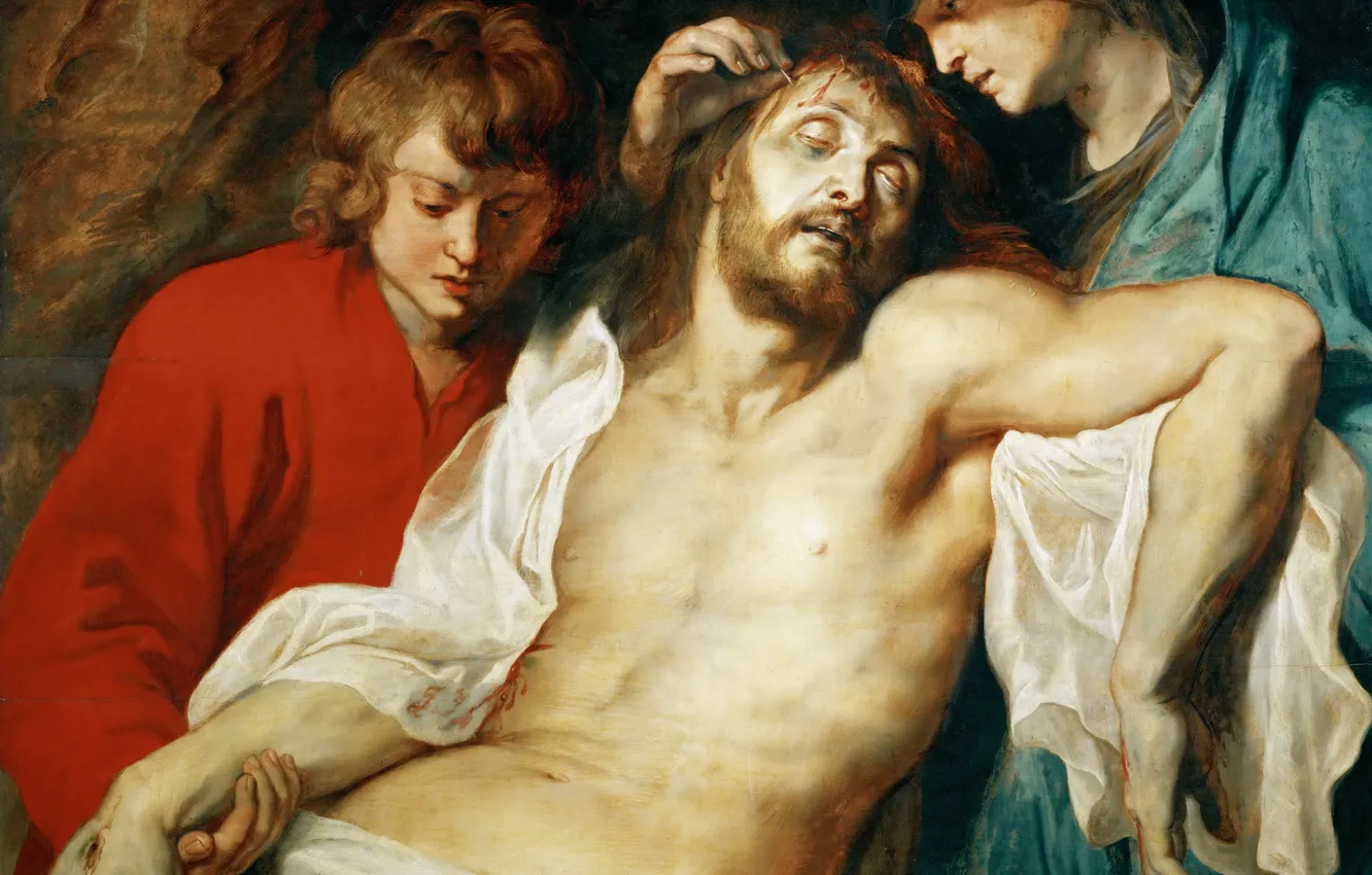 Фото обои картина, религия, Питер Пауль Рубенс, мифология, Pieter Paul Rubens, Оплакивание Христа Богоматерью и Иоанном