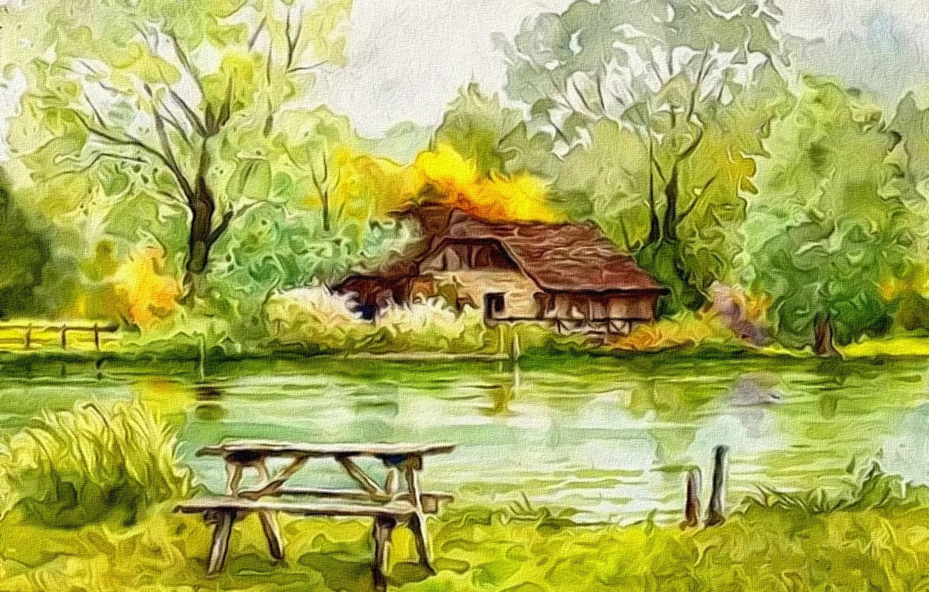 Фото обои деревья, абстракция, рендеринг, рисунок, холст, начало осени, акрил, Домик у озера