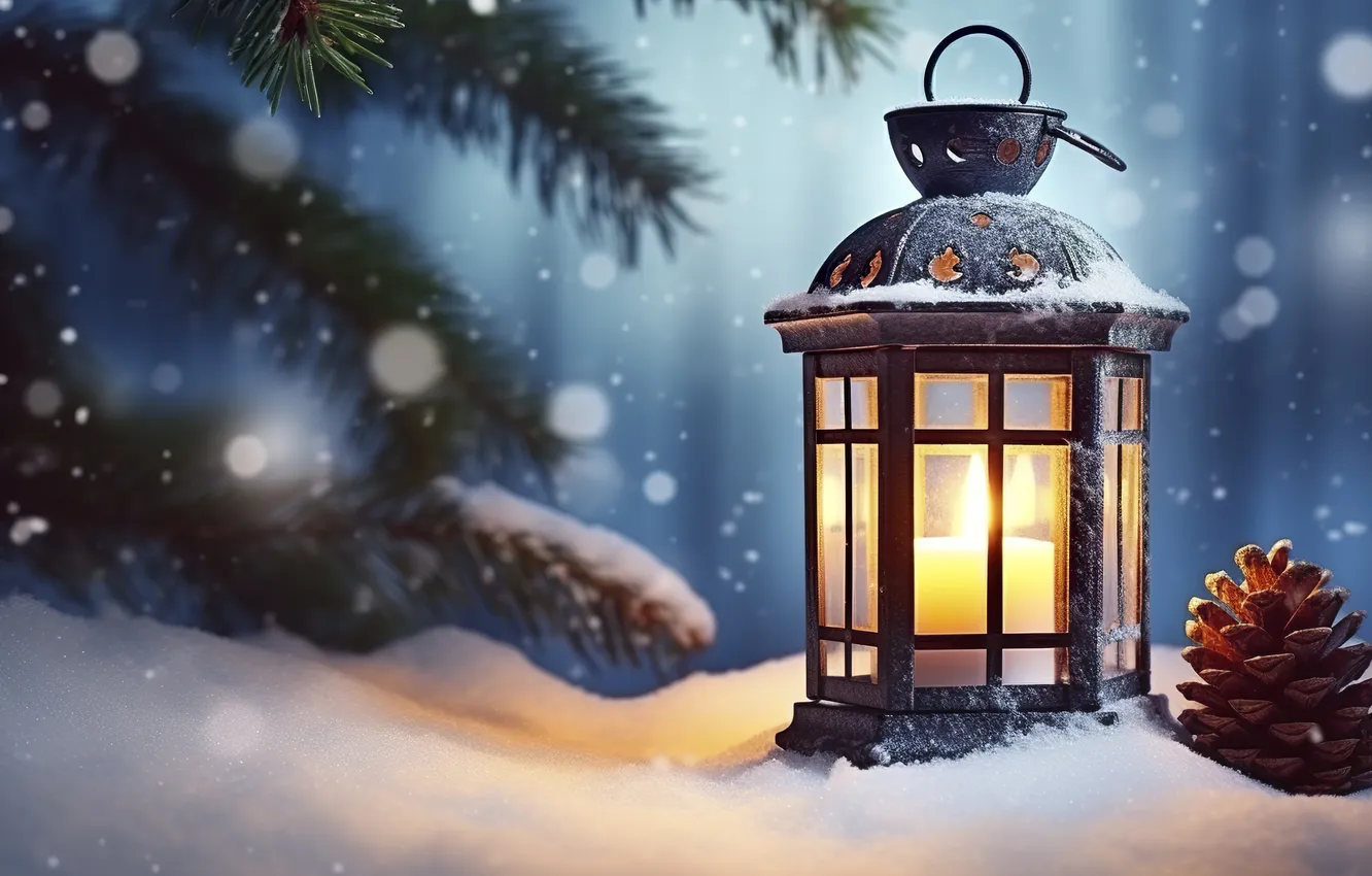 Фото обои зима, снег, ночь, Рождество, фонарь, Новый год, Christmas, night