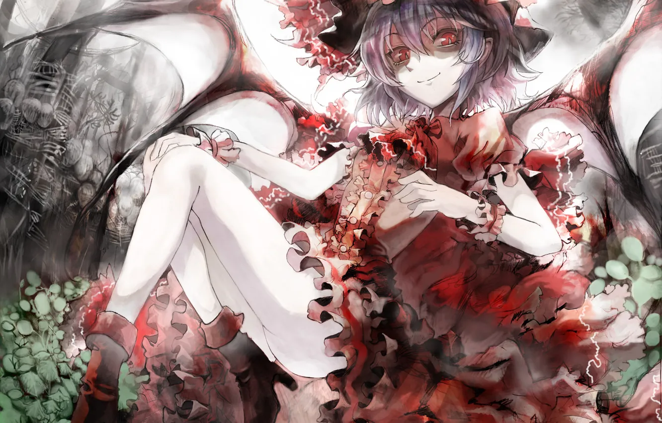 Фото обои девушка, цветы, крылья, платье, вампир, ножки, сидит, красные глаза