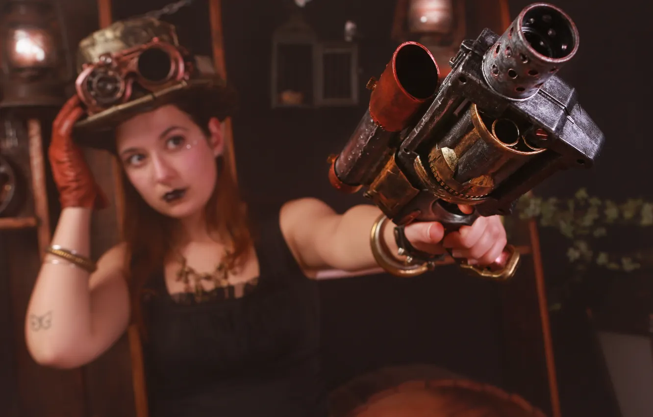 Фото обои взгляд, девушка, стиль, оружие, шляпа, очки, Steampunk