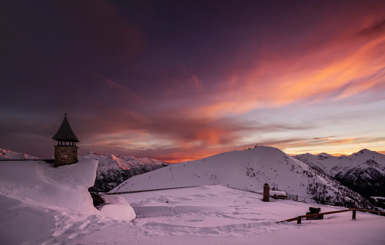 Фото обои зима, снег, пейзаж, закат, горы, природа