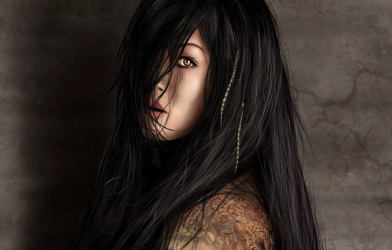 Фото обои взгляд, девушка, лицо, рисунок, тату, арт, длинные волосы