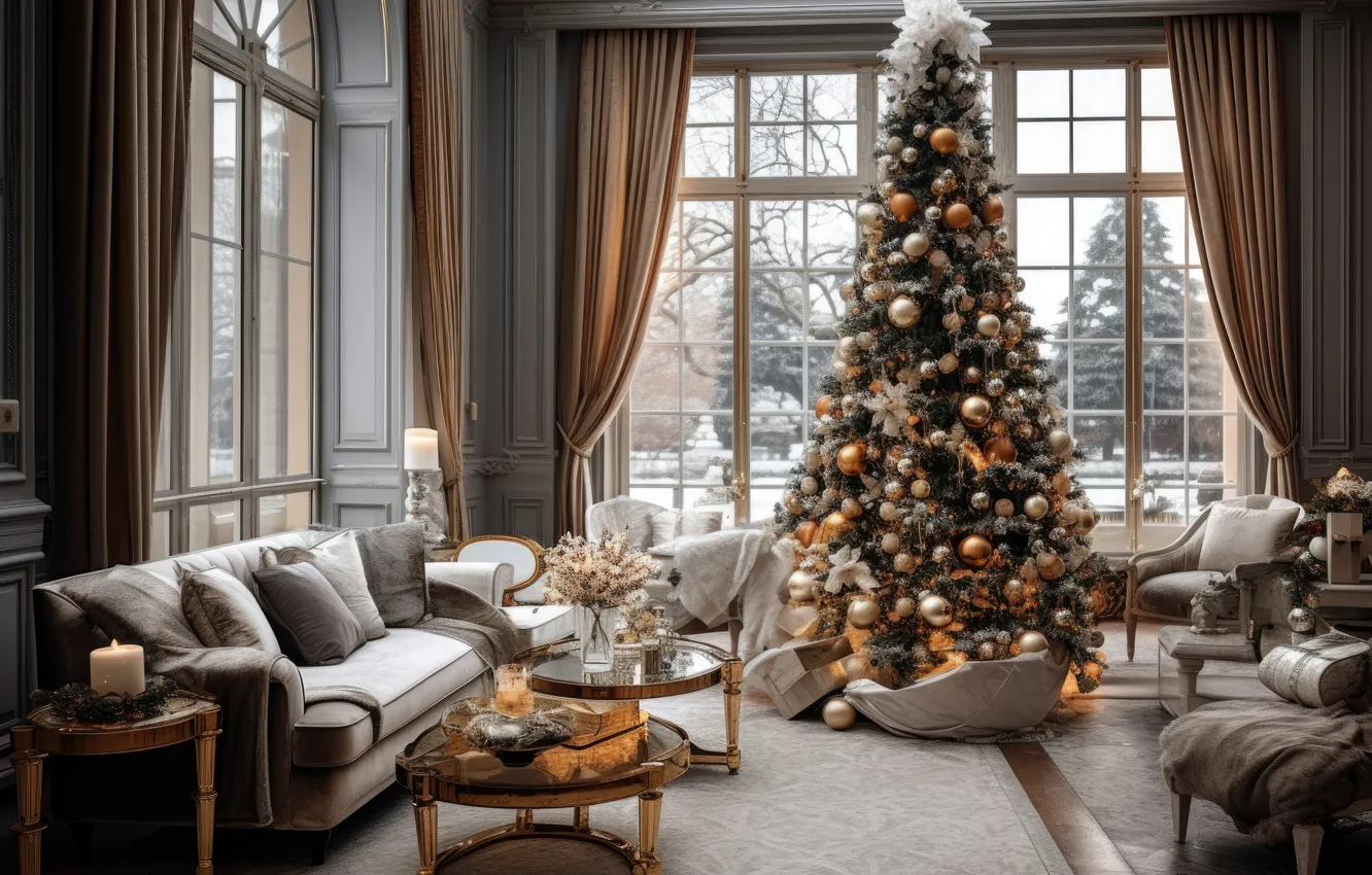 Фото обои комната, елка, интерьер, Рождество, Новый год, Christmas, view, tree