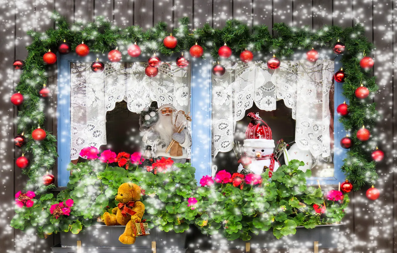 Фото обои зима, шарики, снег, цветы, праздник, коллаж, шары, игрушка