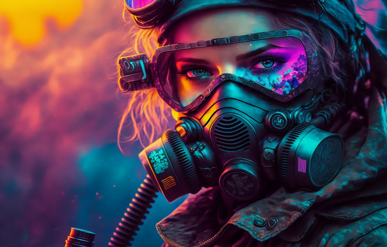 Фото обои Girl, Eyes, Gas Mask, AI Generated