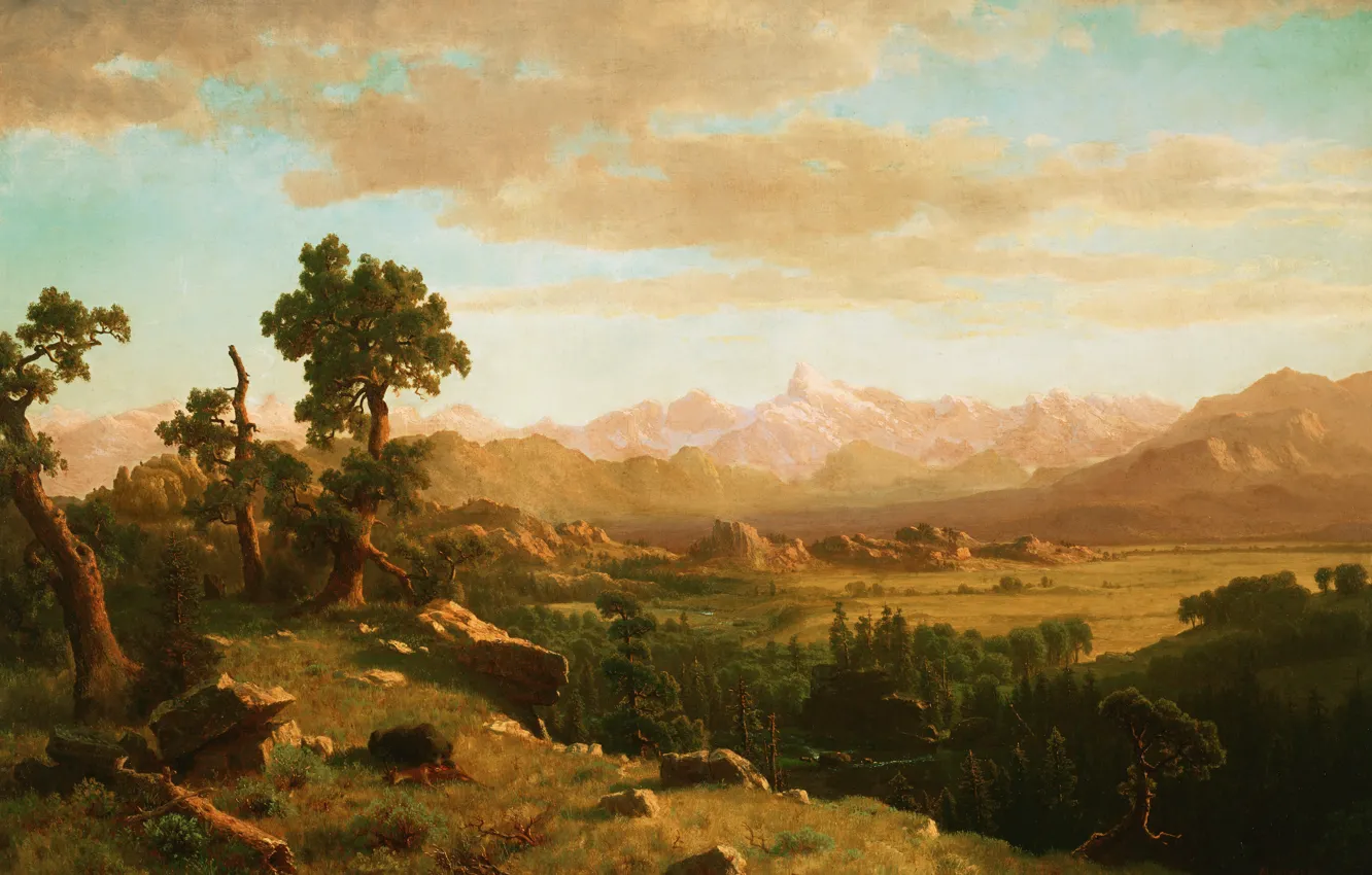 Фото обои пейзаж, горы, камни, картина, долина, Альберт Бирштадт, Wind River Country