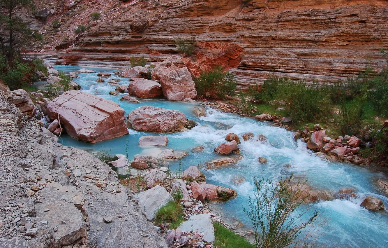Фото обои скала, река, камни