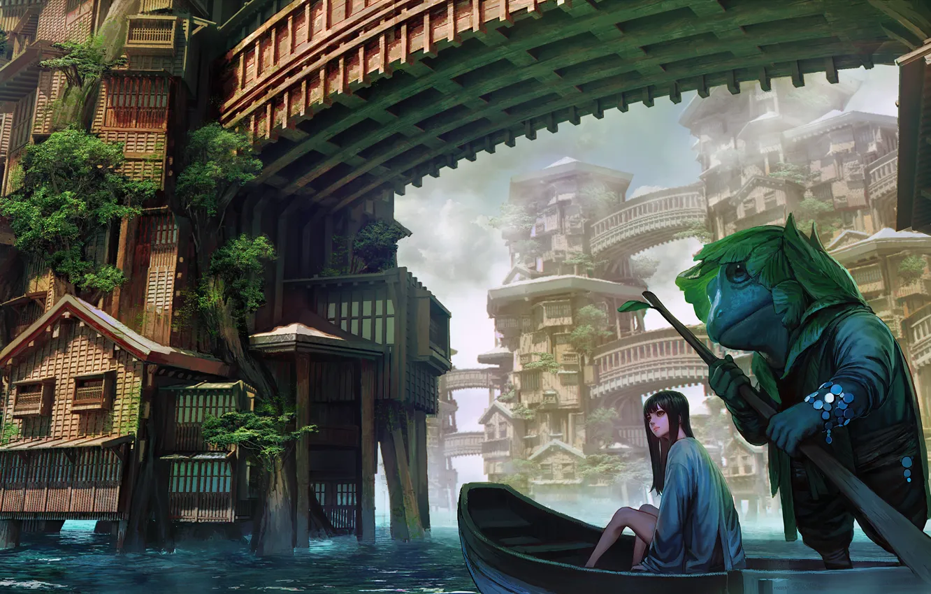 Фото обои вода, девушка, city, город, фантастика, лодка, girl, fantasy