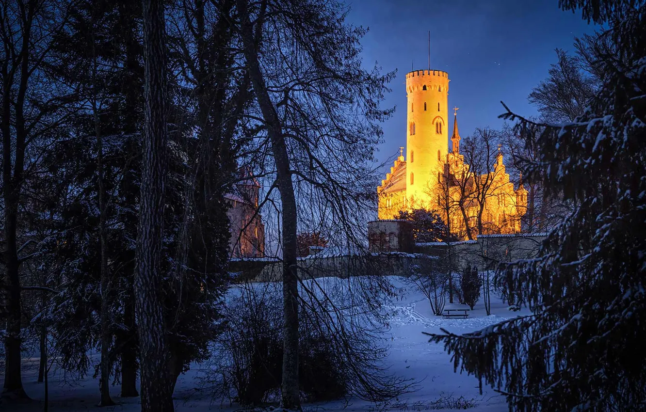 Фото обои зима, ночь, огни, башня, Германия, Баден-Вюртемберг, замок Лихтенштайн