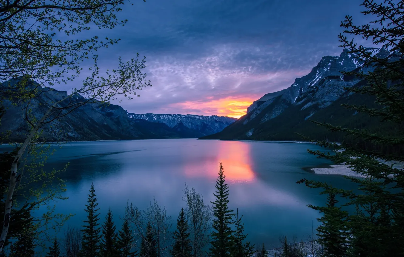 Фото обои закат, горы, озеро, Канада, Alberta, Canada