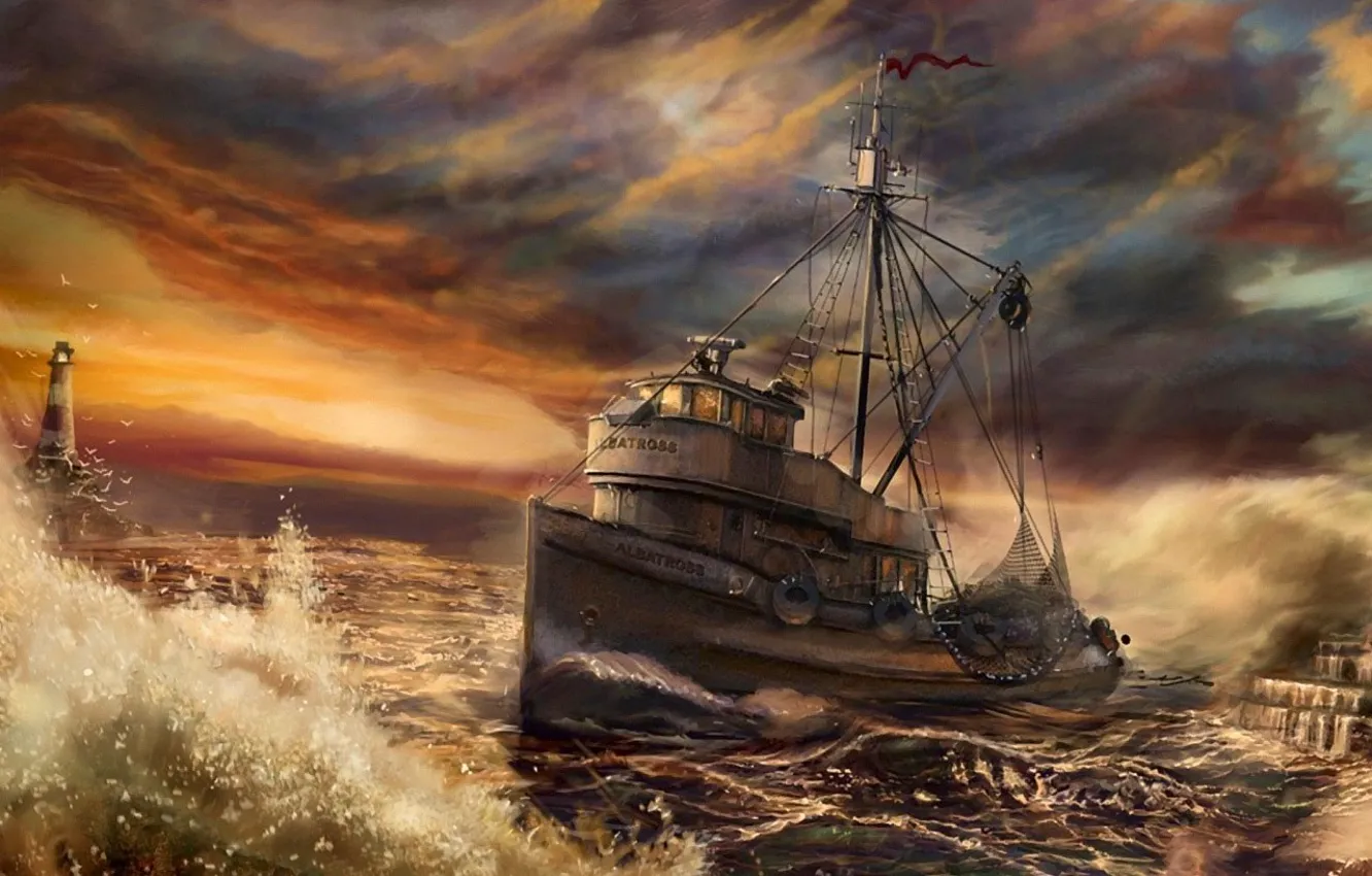 Фото обои волны, корабль, Рисунок