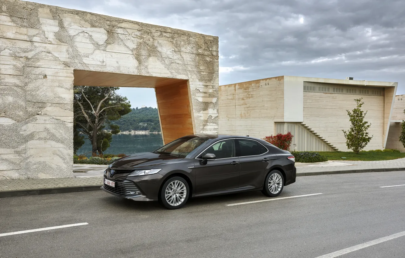 Фото обои дорога, Toyota, седан, тротуар, Hybrid, Camry, 2019