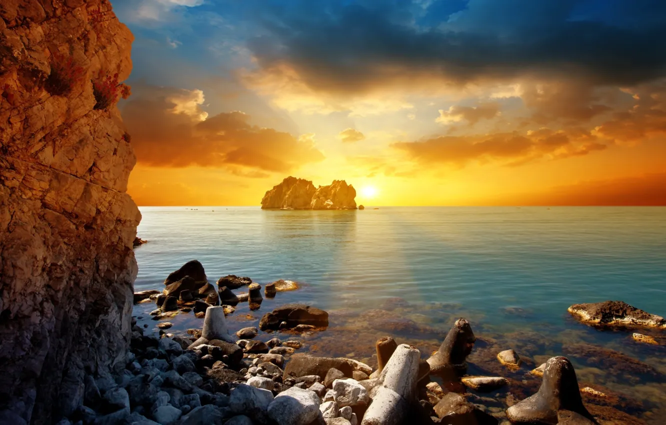 Фото обои море, солнце, закат, тучи, скалы, вечер, sea, sunset