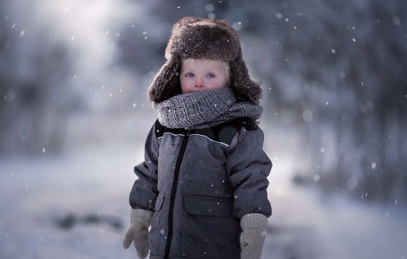 Фото обои зима, взгляд, шапка, малыш, пальто, варежки