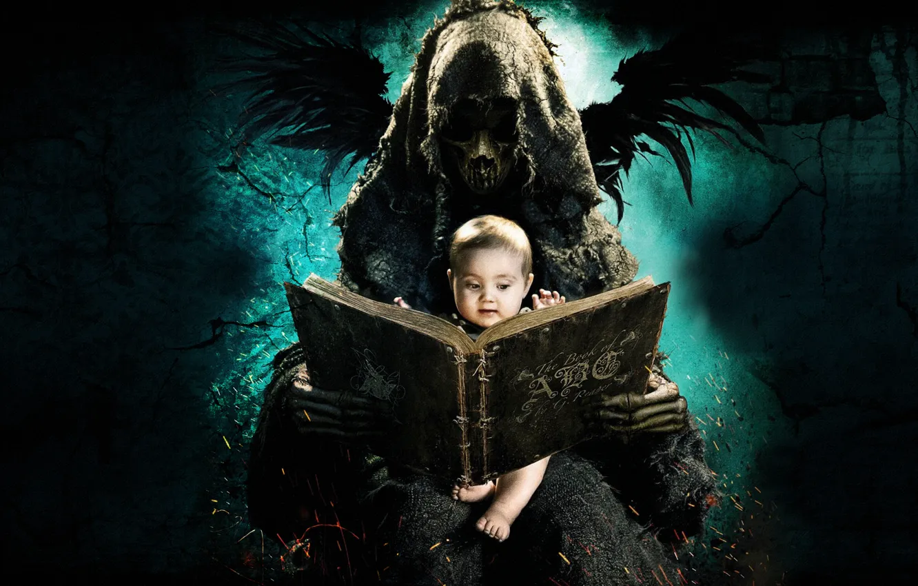 Фото обои стена, череп, ребенок, крылья, демон, призрак, книга, балахон