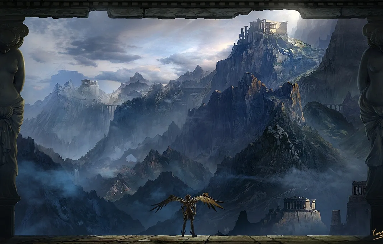 Фото обои облака, пейзаж, горы, скалы, человек, высота, крылья, арт