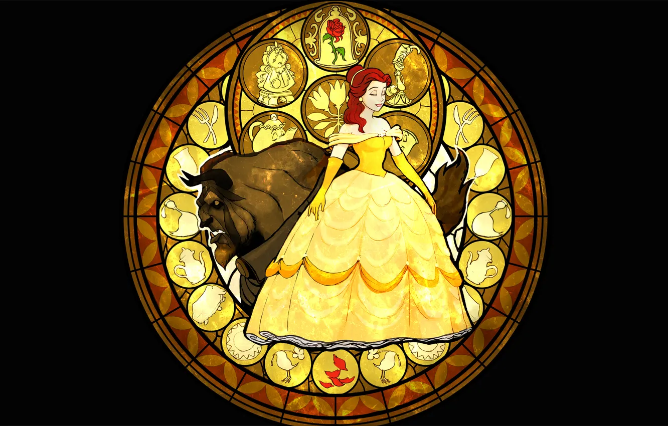 Фото обои платье, витраж, Disney, персонажи, Белль, Дисней, Красавица и Чудовище, Beauty and The Beast