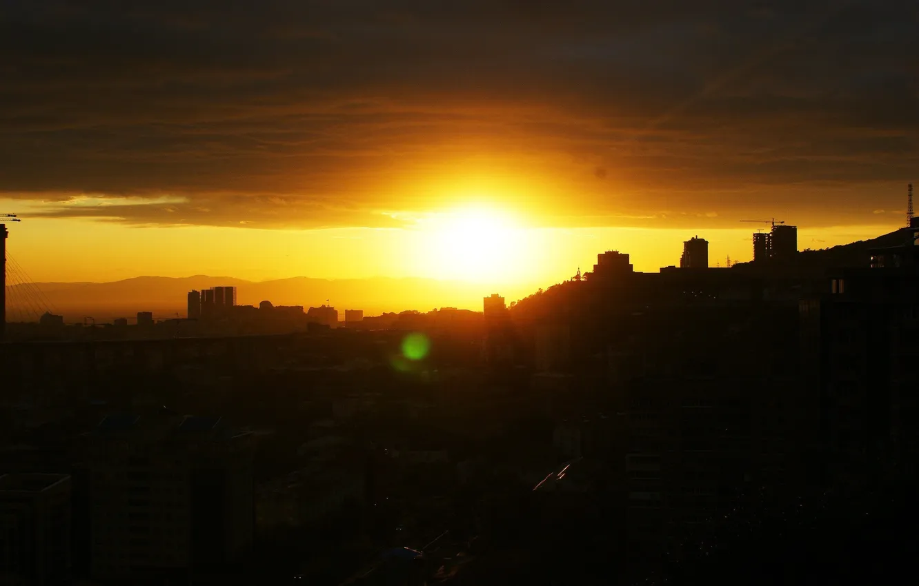 Фото обои солнце, облака, закат, город, вечер, владивосток
