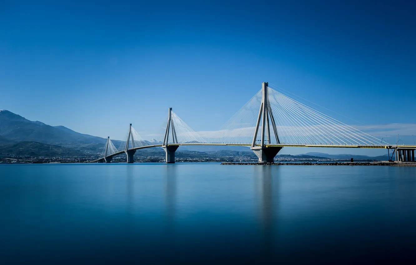 Фото обои горы, Греция, опора, Коринфский залив, вантовый мост Рион-Андирион