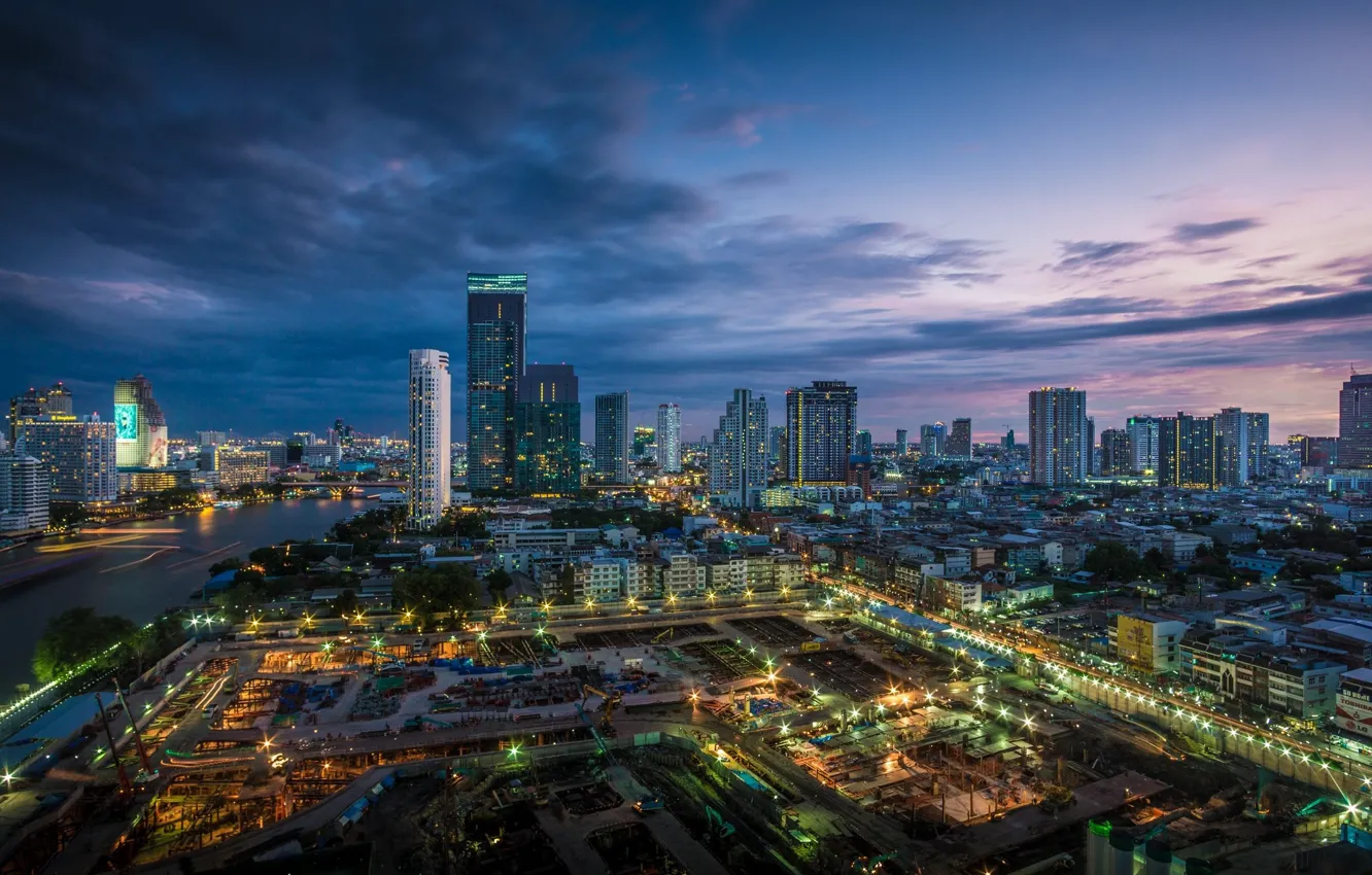 Фото обои небо, город, утро, Тайланд, Бангкок, сумерки