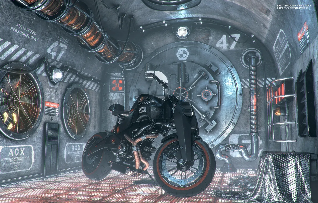 Фото обои мотоцикл, вентиляция, помещение, уровень, Exit Through The Vault