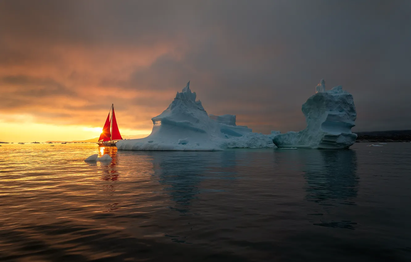 Фото обои море, закат, яхта, айсберг, алые паруса, Гренландия