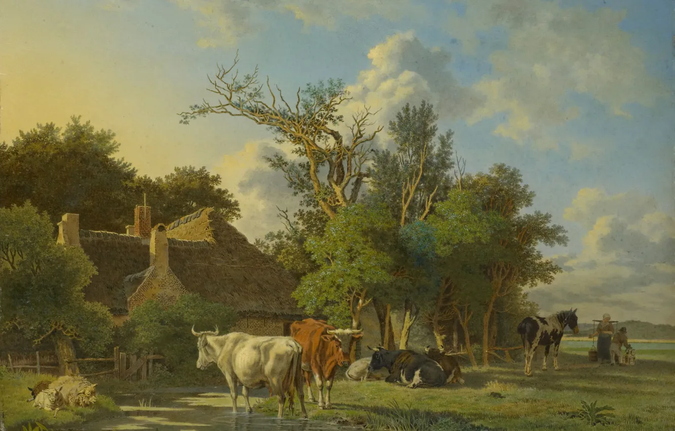Фото обои животные, дерево, масло, картина, Пейзаж, Jean Francois Valois