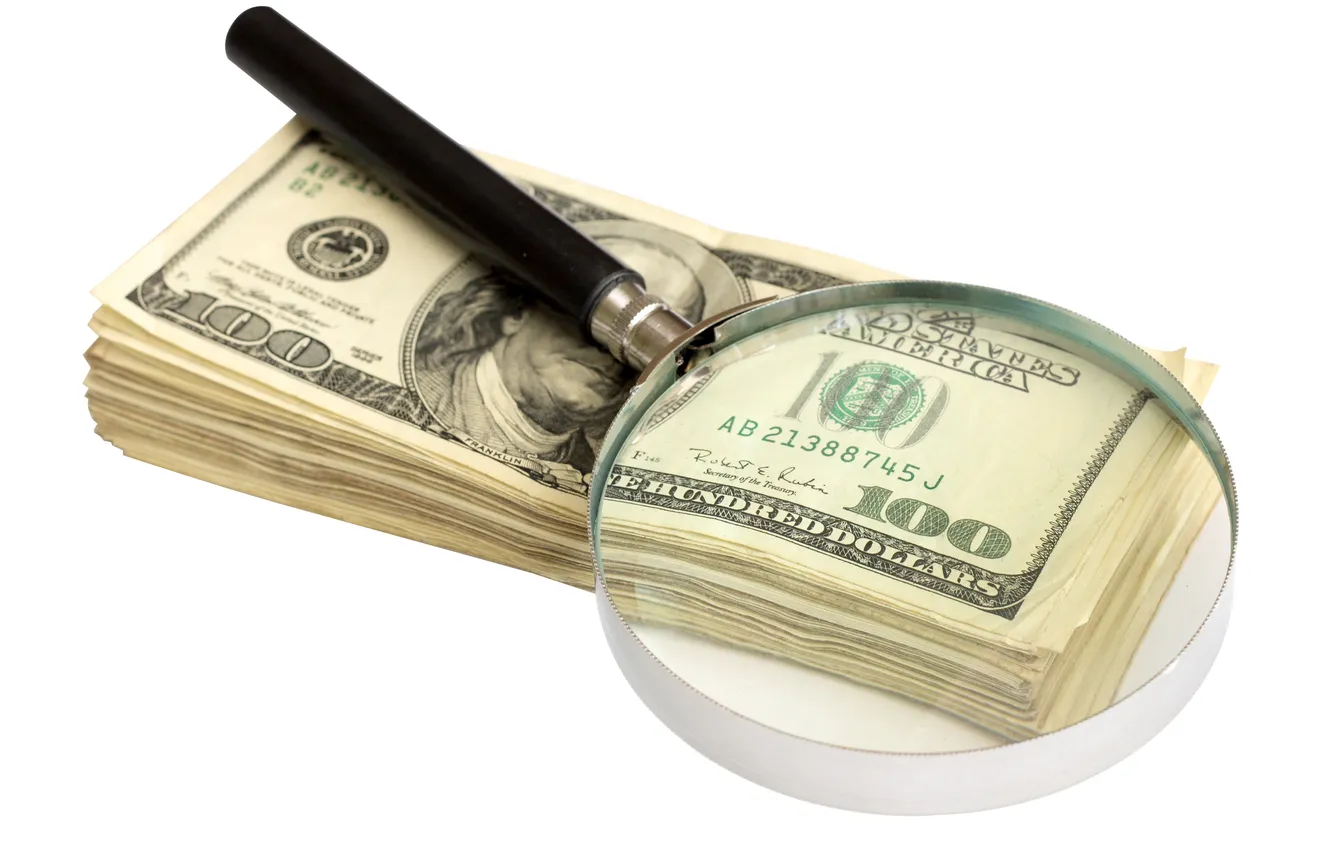 Фото обои money, dollars, magnifying glass, taxes, money laundering