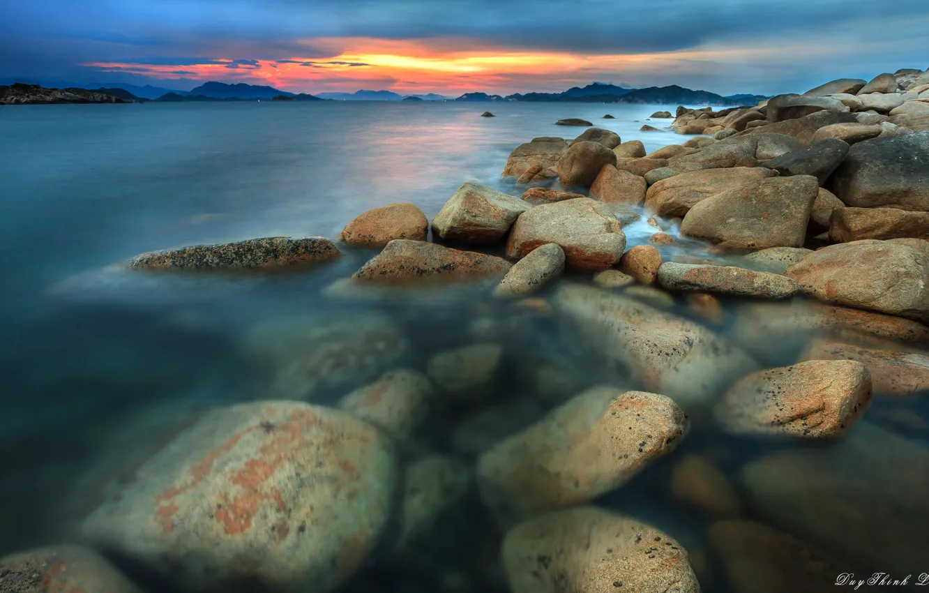 Фото обои море, пейзаж, закат, камни, берег