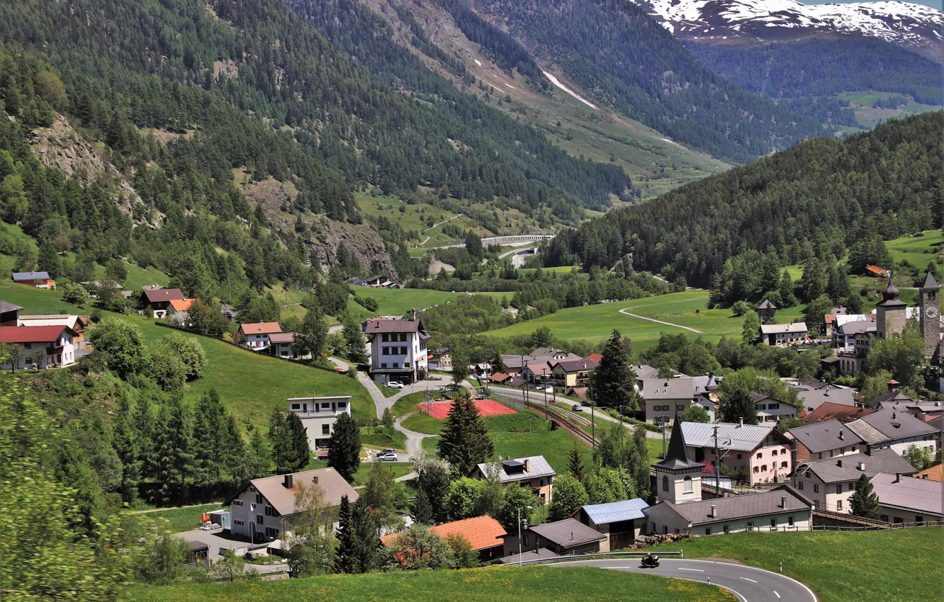 Фото обои горы, Швейцария, Альпы, домики