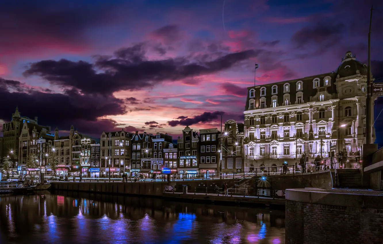 Фото обои здания, дома, Амстердам, канал, Нидерланды, ночной город, набережная, Amsterdam