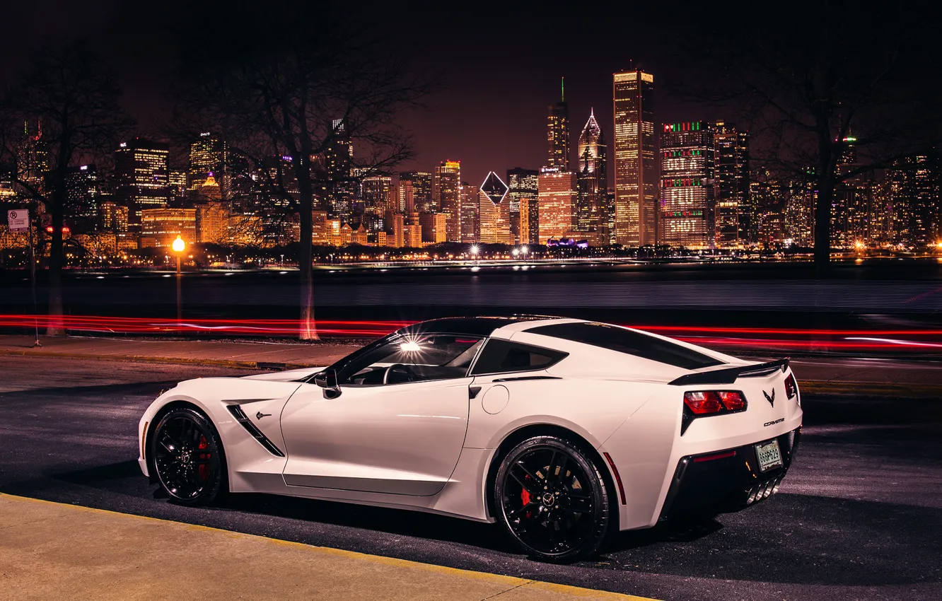 Фото обои дорога, свет, ночь, город, выдержка, Corvette, Chevrolet, США