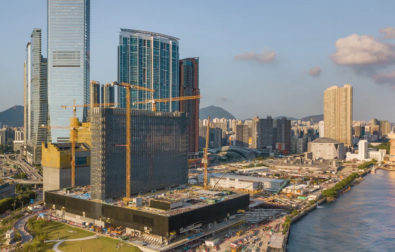Фото обои берег, здания, архитектура, строительство, Construction Process - Hong Kong