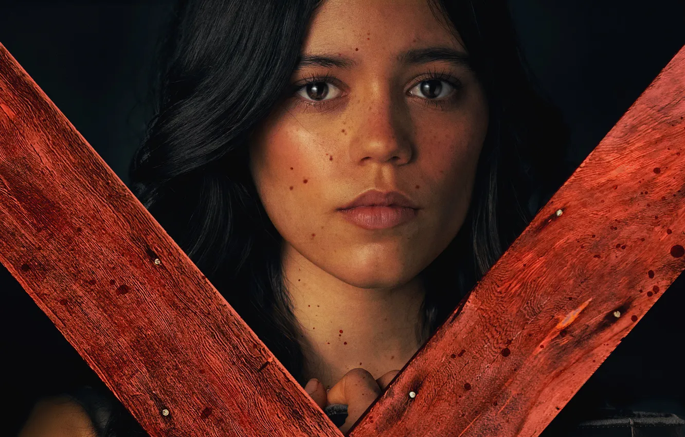 Фото обои девушка, фильм, брюнетка, постер, ужасы, икс, Jenna Ortega, Дженна Ортега