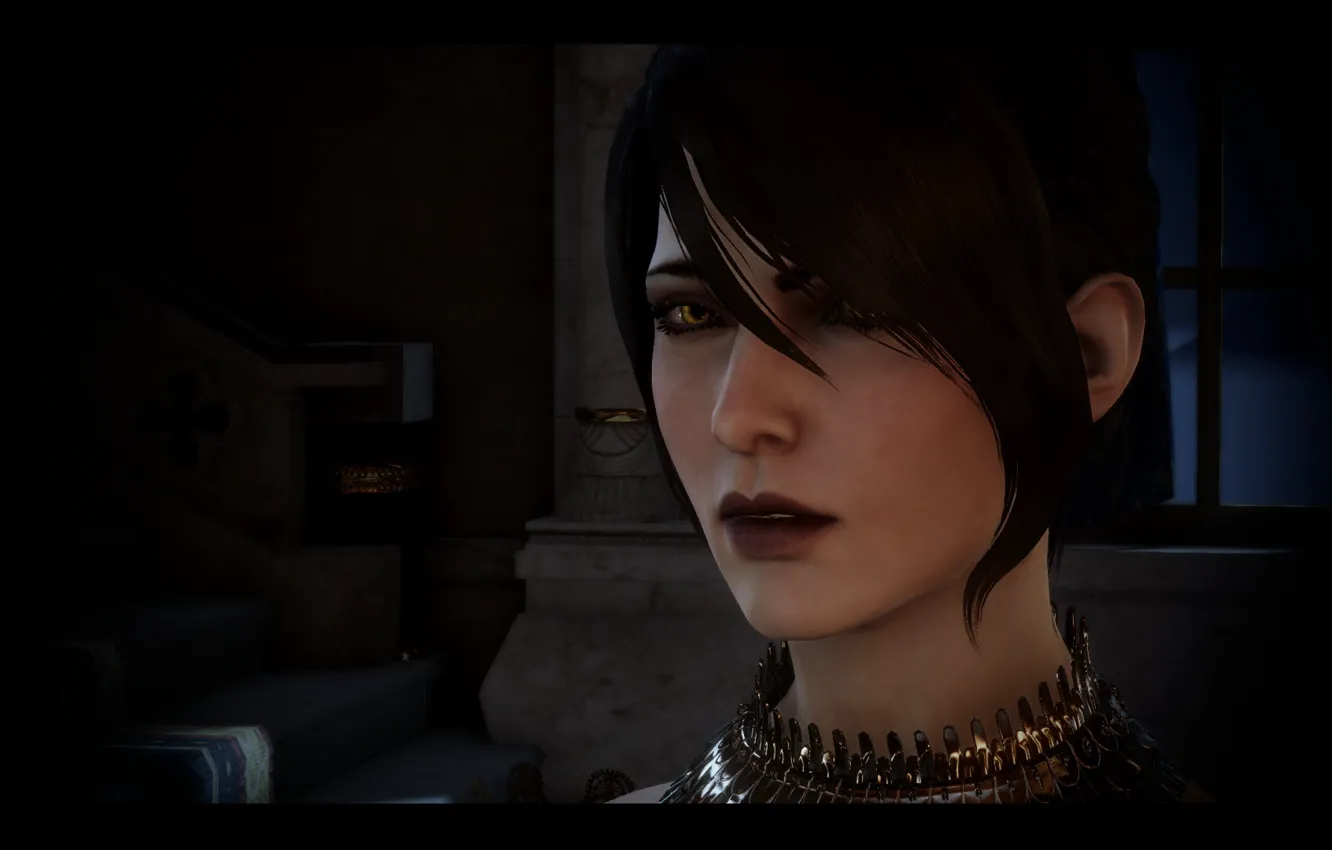 Фото обои глаза, взгляд, лицо, тень, губы, причёска, dragon age, шея
