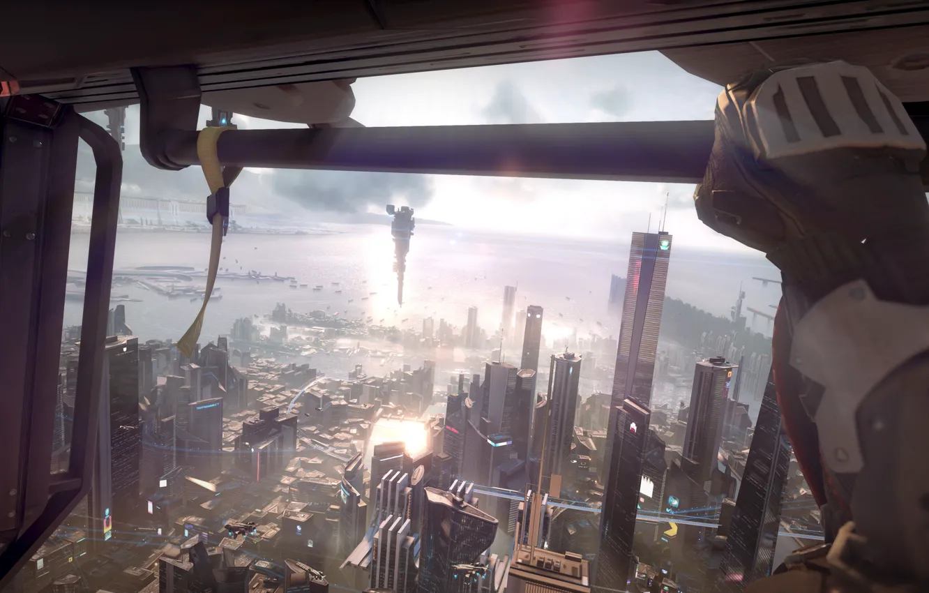 Фото обои свет, город, вид, руки, мегаполис, Killzone Shadow Fall
