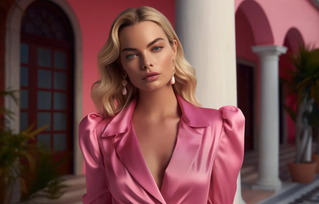 Фото обои взгляд, девушка, платье, блондинка, губы, Barbie, Margot Robbie, НЕЙРОСЕТЬ