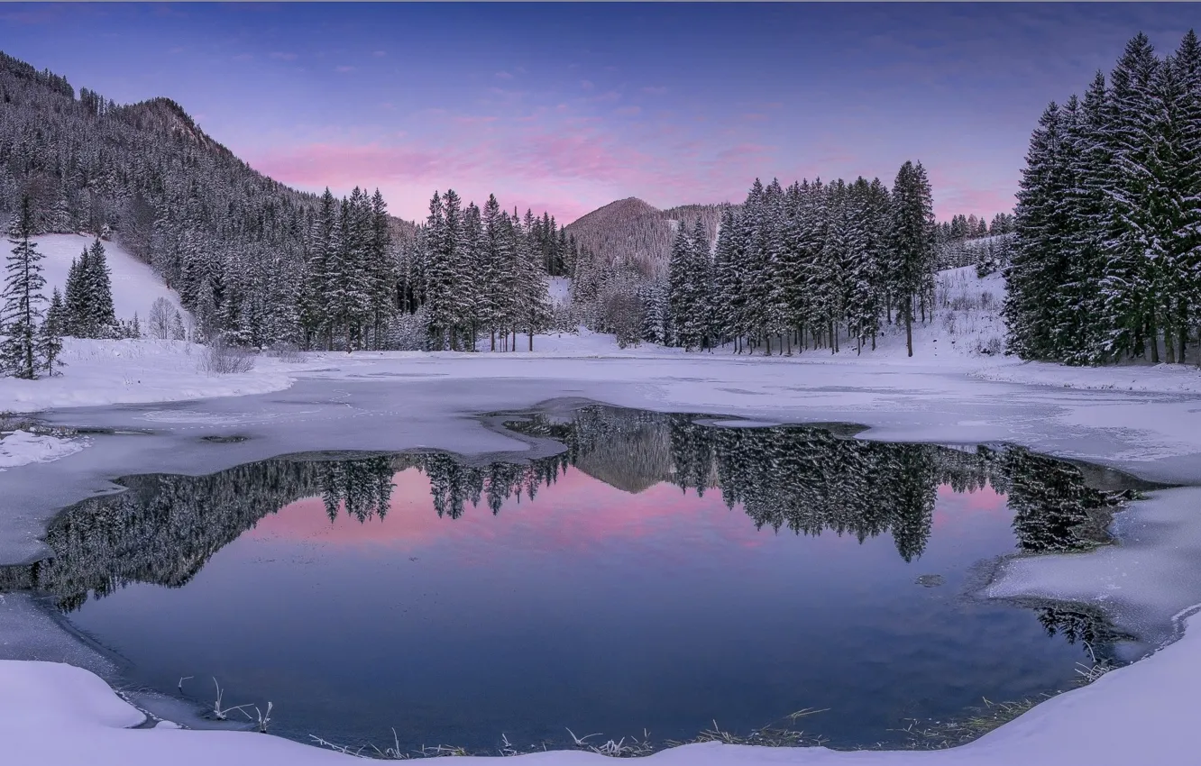 Фото обои зима, снег, пейзаж, горы, озеро, мороз