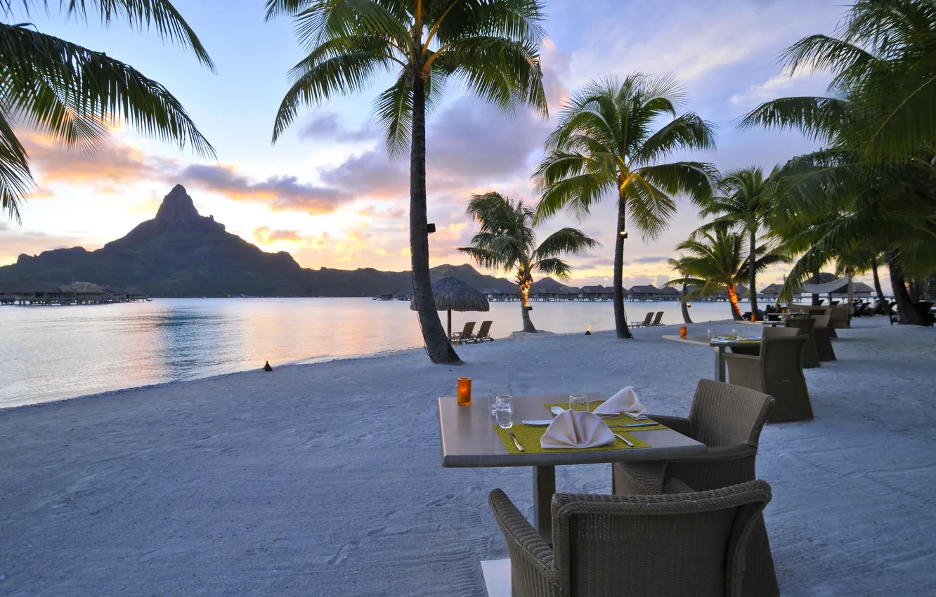 Фото обои beach, ocean, sunset, Bora-Bora, resort, restaurant on the beach, romantic dining