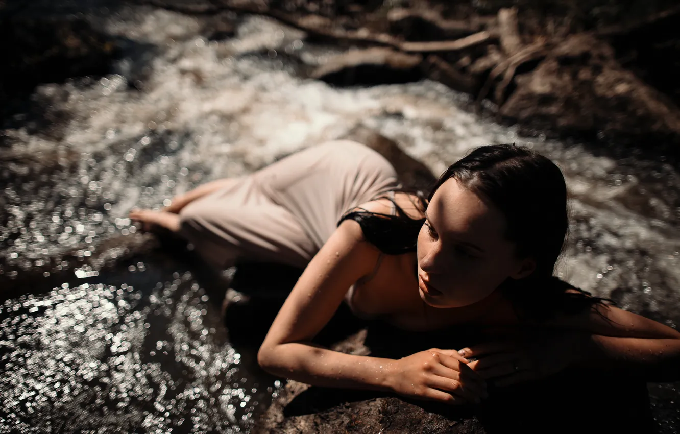 Фото обои forest, woman, waterfall