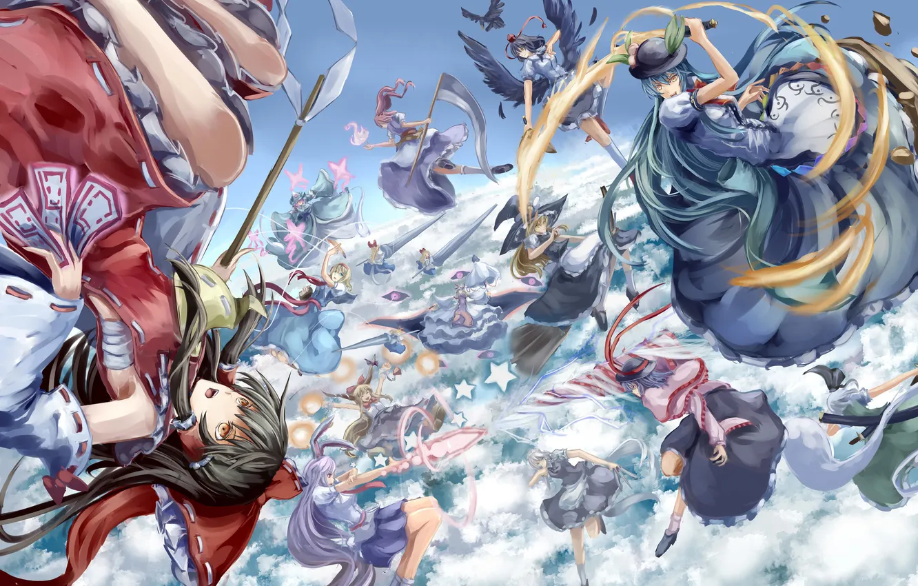 Фото обои арт, touhou, onozuka komachi, izayoi sakuya, alice margatroid, kirisame marisa, hakurei reimu, konpaku youmu